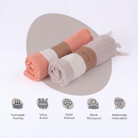 Resim %100 Pamuk Bej-Turuncu Elmas Peştamal 2'li - 100x180 Cm 