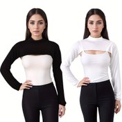 Resim 2 adet Kadın Kolsuz Kırpma Üstleri - Yüksek Boyun, Uzun Kollu, Esnek Polyester Karışımı, Bahar/Yaz için Rahat ve Şık İki Parça Takım, Giyim | Yüksek Boyun Kırpma Üst | Polyester Karışımı 
