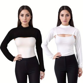 Resim 2 adet Kadın Kolsuz Kırpma Üstleri - Yüksek Boyun, Uzun Kollu, Esnek Polyester Karışımı, Bahar/Yaz için Rahat ve Şık İki Parça Takım, Giyim | Yüksek Boyun Kırpma Üst | Polyester Karışımı 