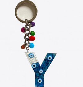 Resim Epoksi Harf Anahtarlık – Y Harfi, Nazar Boncuklu ve Renkli Charm Detaylı 