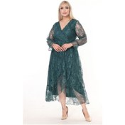 Resim Kruvaze Yaka Uzun Kol Büyük Beden Dantel Elbise 16c-2602 Yeşil 