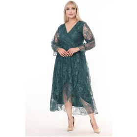 Resim Kruvaze Yaka Uzun Kol Büyük Beden Dantel Elbise 16c-2602 Yeşil 