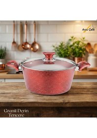 Resim 24 Cm Granit Derin Tencere Cam Kapak - Kırmızı Kırmızı 