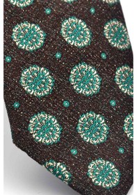 Resim Gaffy Yeşil Bej Yuvarlak Desenli Kahverengi Dokuma Kumaş Mendilli Slim Fit Kravat // Sdk-250206 Kahverengi 