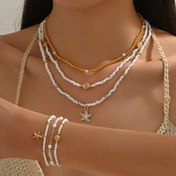 Resim 6 adet Moda Altın Kabuk Denizyıldızı Kolye, Beyaz Pirinç İnci Yuvarlak Boncuk Kolye Bilezik. Taklit İnci İşlenmiş Boncuklu Çok Katmanlı Yığınlanabilir Bilezik Kolye Seti, Kadın Takı Seti, Cam Malzeme, Hediye veya Günlük Giyim için Mükemmel, Pirinç İnci Kolye Bilezik 