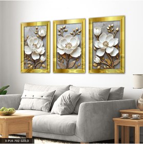 Resim Evinemoda Gold Yapraklı Beyaz Çiçek 3 Parça Pleksi Aynalı Tablo 