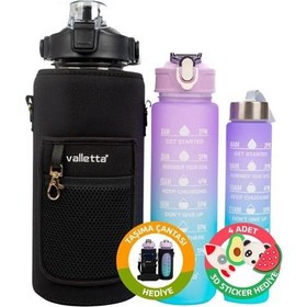 Resim Valletta VLT1220 Eldorado Figo 3lü Set Motivasyonel Su Matarası Siyah Çantalı(2000ml-750ml-300ml) 