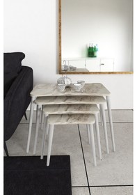 Resim Selen 4lü Zigon Sehpa Ahşap Beyaz Ayaklı Salon Seti Çay Sehpası Beyaz Mermer 