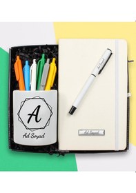 Resim Kişiye Özel Tasarım Porselen Kalemlik & Beyaz Defter & Beyaz Roller Kalem & 6'lı Renkli Kalem Hediye Seti 