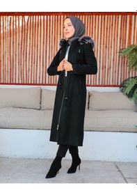 Resim Kmk Kombin Kadın Kaşmir Kaşe Kapşonlu Kürklü Mont Siyah 