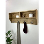 Resim O&A Wood Doğal Ahşap Vestiyer, Dekoratif 4 Askılı Portmanto, Raflı 2 Bölmeli Vintage Elbise Askısı 