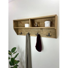 Resim O&A Wood Doğal Ahşap Vestiyer, Dekoratif 4 Askılı Portmanto, Raflı 2 Bölmeli Vintage Elbise Askısı 