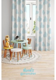 Resim Mavi Bulut Desenli Baskılı Çocuk Ve Bebek Odası Fon Perdesi 2 Kanat - Prd-06 Çok Renkli 