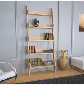 Resim Pasifichome Only Raflı Açık Meşe Merdiven Kitaplık / Duvara Monte Kitaplık 