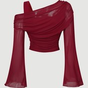 Resim Kadınlar için Şık Burguncu Omuzlu File Üst - Vintage 70'ler Batı Stili, Uzun Kollu Trumpet Kollu, Frill Detaylı, Polyester Astarlı, Bahar/Sonbahar için İdeal 