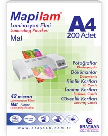 Resim MAPİLAM 42 MİCRON MAT LAMİNASYON FİLMİ (A4) 200 LÜ 