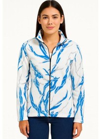 Resim Kadın Tam Fermuarlı Desenli Polar Sweat Lightning Desen Yakalı, Uzun Kollu, Oversize Rahat Kalıp - Beyaz Siyah 