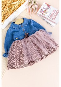 Resim Babymod Denim Leopar Desenli Şık Özel Gün Kız Bebek Elbise Pembe 