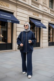 Resim Aselim Hijap Moda 3 İplik Şardonlu Bomber İkili TesettürTakım | Pamuklu Rahat Takım Lacivert 
