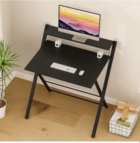 Resim Bodo Metal Ayaklı Laptop Masası Katlanır Çalışma Masası Raflı Masa Katlanır Laptop Sehpası Siyah-siyah 
