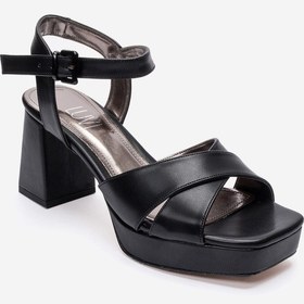 Resim Luvishoes Lisbon Siyah Cilt Çapraz Bantlı Kadın Platform Topuklu Ayakkabı 