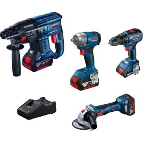 Resim Bosch Dörtlü Montaj Seti ( Gws 18V-8 , GDS18V-350 , Gsr 18V-50 , Gbh 180-LI + Gba 18 V 4.0 Ah X4 ) 
