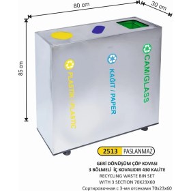 Resim Arı Metal Geridönüşüm Kovası Paslanmaz Dekoratif Kapaklı 3 Lü 