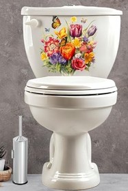 Resim Klozet Sticker Renkli Güller Demeti ve Kelebekler Temalı Banyo Tuvalet Sticker 