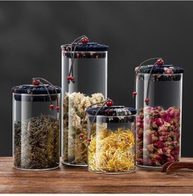 Resim Qerhome 4'lü Borosilikat Cam Etnik Desenli Kumaaş Kapaklı Kavanoz Seti 500-650-800-1000 Ml Şeffaf 