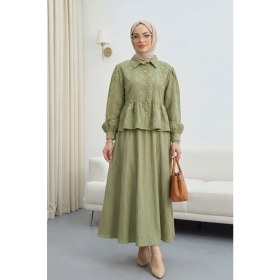 Resim Moda Morfo Taşlı Düğmeli Beli Bağlamalı Etekli Jakar Takım -Çağla Y. 