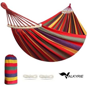 Resim Valkyrie 2 Kişilik Renkli Kanvas Hamak 260x150 Cm Taşıma Çantalı Ahşap Çubuklu Bahçe Kamp Hamağı Kırmızı 