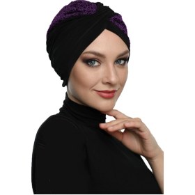 Resim Elysianfidan Çapraz Buklet Siyah-mor Hazır Türban Tesettür Havuz Bonesi Sıyah-mor 
