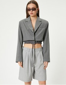 Resim Koton Crop Blazer Ceket Bel Detaylı Bağlamalı Kruvaze Ters Yaka Gri Çizgili 4sal50012ıw Gri 