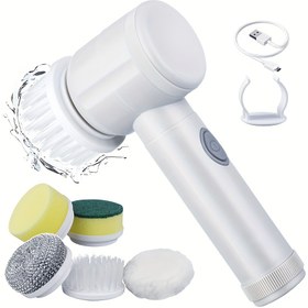 Resim USB Şarj Edilebilir Pil ile Elektrikli Döner Temizleme Fırçası, Mutfak, Banyo, Lavabo, Ayakkabılar, Fayanslar ve Günlük Ev İşleri için 5 Değiştirilebilir Ek Parçaları İçerir 