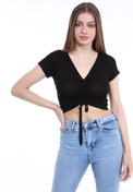 Resim KİM Kİ O Kadın Siyah Önü Büzgülü Kısa Kol Viskon Crop 