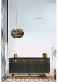 Resim Maya Siyah Gold Lüks Konsol 4 Kapaklı Şerit Detaylı Metal Ayaklı Tasarım 180x45x84 Cm 