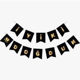 Resim KÖŞEM AVM Köşem Süs Iyiki Doğdun Siyah Gold Yaldızlı Banner 