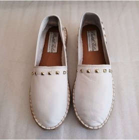 Resim Butik Tülin Kadın Hakiki Dana Derisi Beyaz Altın Perçinli Yumuşak El Dikiş Kaymaz Kauçuk Hasır Taban Espadril 