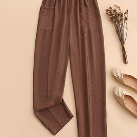 Resim Kadınlar için Kahverengi Cepli Harem Pantolonu - Elastik Bel, Bol Kesim, Günlük Polyester Pantolon, Makinede Yıkanabilir, Her Mevsim Rahatlık, Giyim Temelleri|Geniş Bacaklı Pantolon|Polyester Kumaş 