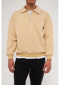 Resim Ghassy Co. Erkek Polo Yaka Oversize Yarım Fermuarlı Sweatshirt 001 Bej 