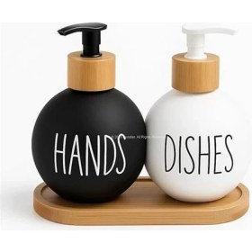 Resim AyrStore Bulaşık Deterjanlık ve Sabunluk Seti Bambu Tepsili Şık Ikili Set Siyah Beyaz Modern Tasarım 