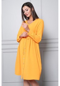 Resim Busa Hamile Önden Düğmeli Ve Bağcıklı Uzun Kollu Viskon Elbise Mango 