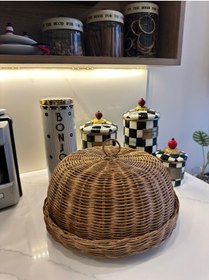Resim Lovenwoven Rattan Standlı Kek Fanus Kapağı Kapaklı Kek Standı Ceviz Renk 