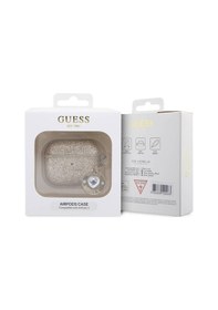 Resim Apple Uyumlu AirPods 3.nesil Kılıf Guess Lisanslı Pu Deri Mavi Beyaz Çizgili Metal Logolu Gold 