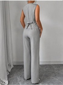 Resim Efnaz Style Kadın Askılı Önden Düğmeli Bluz Ve Pantolon Keten Ikili Takım Gri 