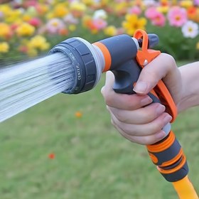 Resim Yüksek Basınç Ayarlanabilir Bahçe Hortum Tabancası - Hafif Dayanıklı Plastik ve Ergonomik Turuncu & Siyah Tutamak, ABD/AB Hortumlara Uygun - Çim Bakımı, Araba Yıkama & Dış Mekan Sulamaya İdeal, Rahat Kavrama Tasarımı 