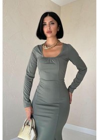Resim Valensdesign Haki Kare Yaka Klasik Elbise Haki 