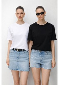 Resim Mixray 48511 Kadın Oversize Basic %100 Pamuk 2 Li T-shirt Beyaz Siyah Siyah - Beyaz 