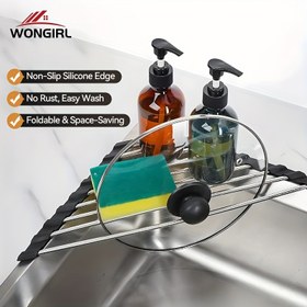 Resim WONGIRL Yer Tasarruflu Paslanmaz Çelik Bulaşık Kurutucu - Lavabo Köşesi için Katlanabilir Üçgen Tasarım, Drenajlı Çok Fonksiyonlu Mutfak Düzenleyici, Gri 