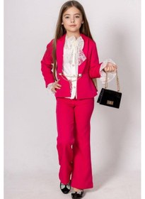 Resim Riccotarz Kız Çocuk Dantel İşlemeli İspanyol Kol Bluz Zincir Düğme Detaylı Blazer Ceket Fuşya Alt Üst Takım Fuşya 